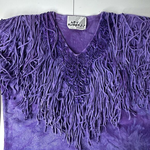Vtg Art Express Purple Tie Dye Knit Sweater One Size Fringe 80s Statement USA - Picture 13 of 13